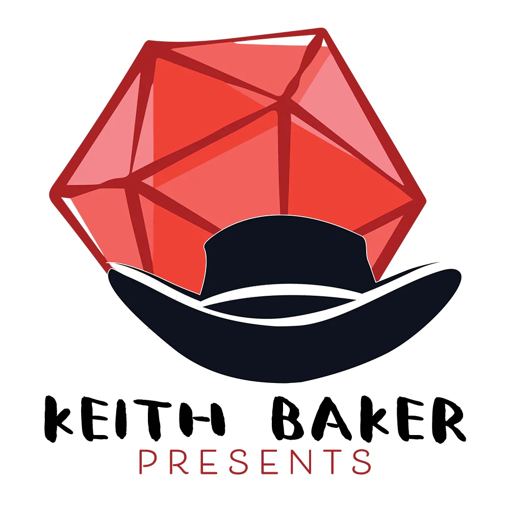logo for Keith Baker Presents Large graphic of a red D20 die with a graphic of keith's signature black hat in front of it